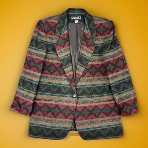 Vtg 90s Southwest Blazer Womens 12 Large Red Wool Blend Native USA Made Aztec